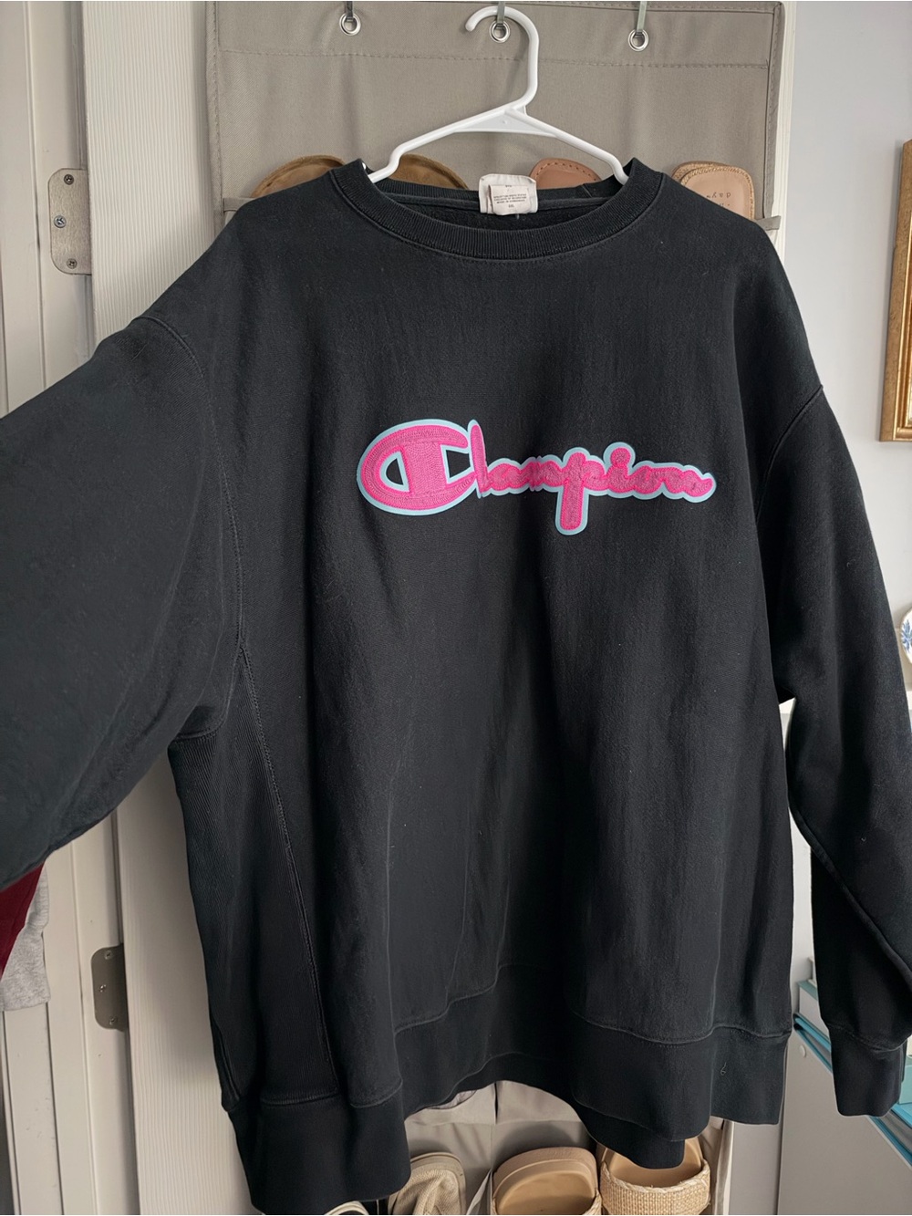 Champion Black Sweatshirt with Pink & Light Blue Script Logo